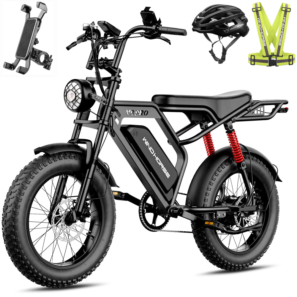 WINDHORSE V8 PRO Electric Bike – 750W Gear Hub Motor, 48V 16.6AH Battery, 50KM/H Speed, 45KM Range, 20-Inch Fat Tires, Dual Suspension, Shimano 7-Speed, Carbon Alloy Frame, Dual Disc Brakes