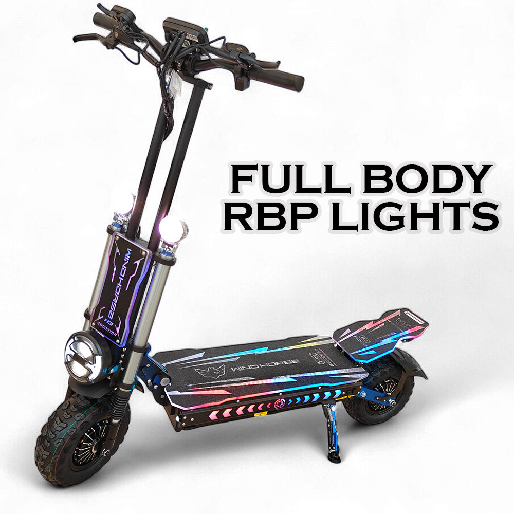 WINDHORSE H3 Powerful Electric Scooter 3000W Dual Motor  – 60V 40Ah Battery, 85 KM/H Max Speed, 120 KM Range – 13 Inches Tires, Hydraulic Brakes, Dual Suspension, 3 LED Headlights, Strong Steel Frame, Full Body RGB Lights