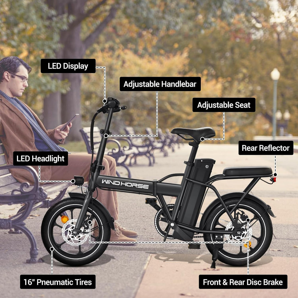 WINDHORSE W2A Folding Electric bike with 350W High Speed Motor, 36V 8AH Battery, 40 KM/H Speed, 35 KM Range, Dual Disk Brakes, Carbon Alloy Frame and 16 Inches Tires