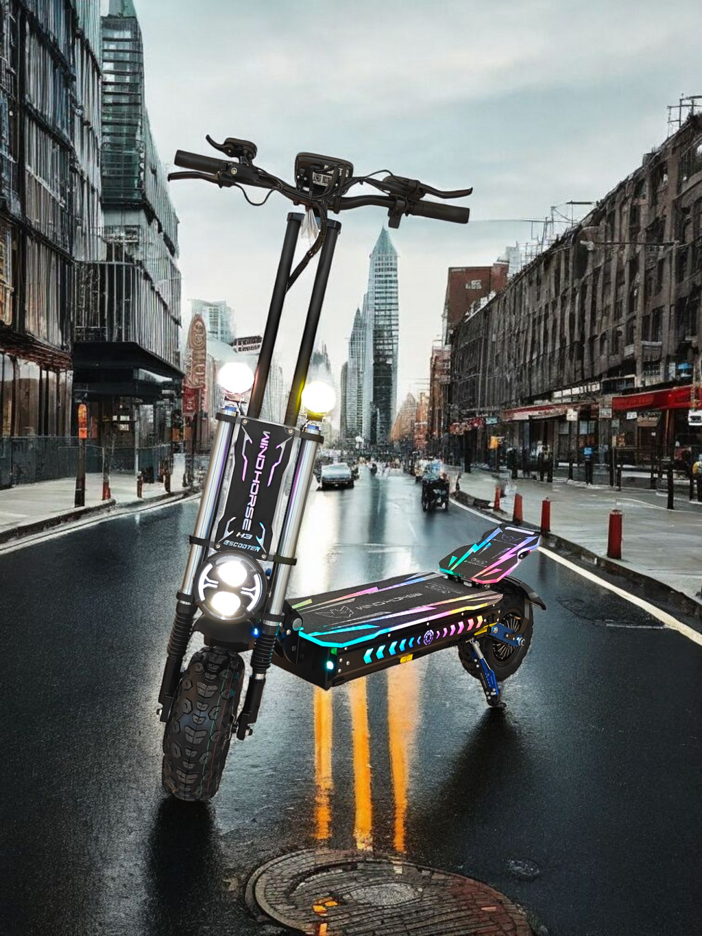 WINDHORSE H3 Powerful Electric Scooter 3000W Dual Motor  – 60V 40Ah Battery, 85 KM/H Max Speed, 120 KM Range – 13 Inches Tires, Hydraulic Brakes, Dual Suspension, 3 LED Headlights, Strong Steel Frame, Full Body RGB Lights