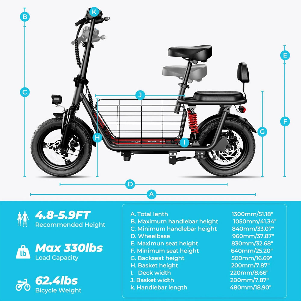 WINDHORSE C3 Electric Scooter 850W Motor with Dual Seat, 48V10Ah Battery, 50KM/H Speed, 40KM Range, Dual Suspension and Storage Basket, E-Scooter