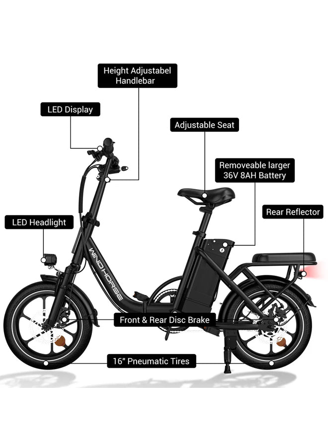 WINDHORSE W2B Folding Electric Bike with 350W High Speed Motor, 36V 8AH Battery, 40 KM/H Speed, 35 KM Range, Dual Disk Brakes, Carbon Alloy Frame and 16 Inches Tires, Front Suspension Fort, Portable Electric Bike with Dual Seat