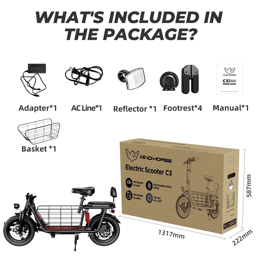 WINDHORSE C3 Electric Scooter 850W Motor with Dual Seat, 48V10Ah Battery, 50KM/H Speed, 40KM Range, Dual Suspension and Storage Basket, E-Scooter