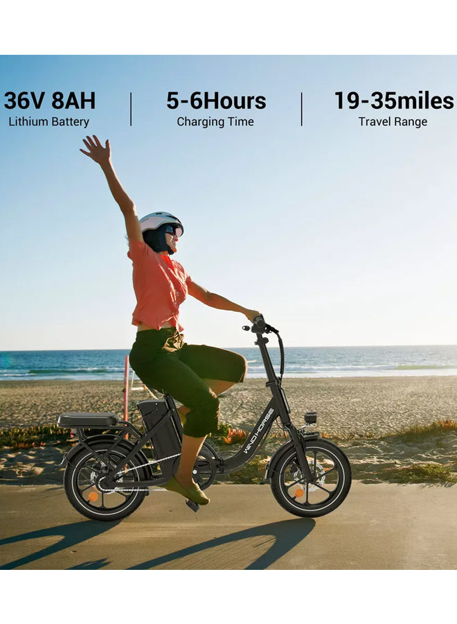 WINDHORSE W2B Folding Electric Bike with 350W High Speed Motor, 36V 8AH Battery, 40 KM/H Speed, 35 KM Range, Dual Disk Brakes, Carbon Alloy Frame and 16 Inches Tires, Front Suspension Fort, Portable Electric Bike with Dual Seat