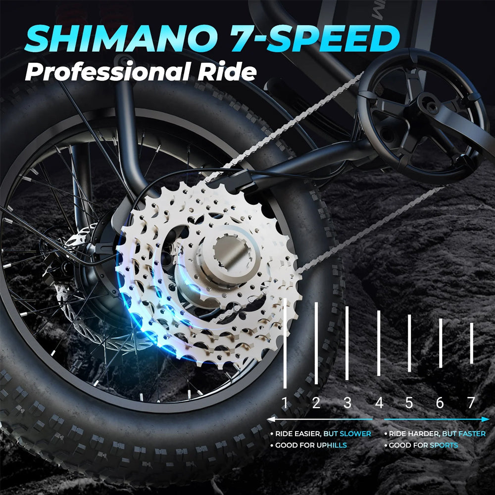 WINDHORSE V8 PRO Electric Bike – 750W Gear Hub Motor, 48V 16.6AH Battery, 50KM/H Speed, 45KM Range, 20-Inch Fat Tires, Dual Suspension, Shimano 7-Speed, Carbon Alloy Frame, Dual Disc Brakes