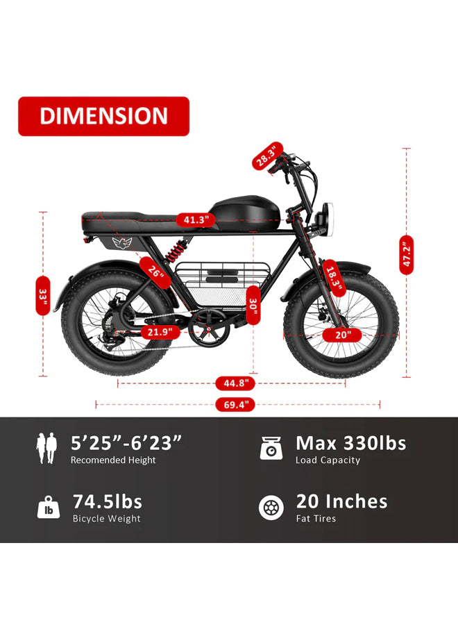 WINDHORSE D5 Electric Off-Road Bike, 1000W Powerful Brushless Motor, 48V 21Ah Removable Battery, 60KM/H Max Speed, 60–80KM Range, 20-Inch Fat Tires, Carbon Alloy Frame, Hydraulic Disc Brakes, Shimano 7-Speed Gears