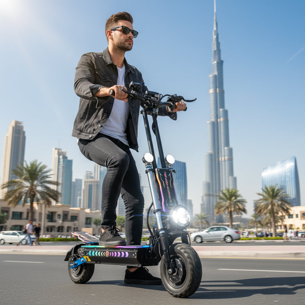 WINDHORSE H3 Powerful Electric Scooter 3000W Dual Motor  – 60V 40Ah Battery, 85 KM/H Max Speed, 120 KM Range – 13 Inches Tires, Hydraulic Brakes, Dual Suspension, 3 LED Headlights, Strong Steel Frame, Full Body RGB Lights