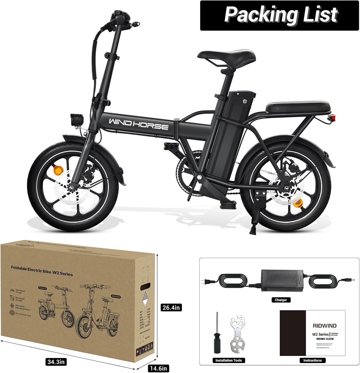 WINDHORSE W2A Folding Electric bike with 350W High Speed Motor, 36V 8AH Battery, 40 KM/H Speed, 35 KM Range, Dual Disk Brakes, Carbon Alloy Frame and 16 Inches Tires