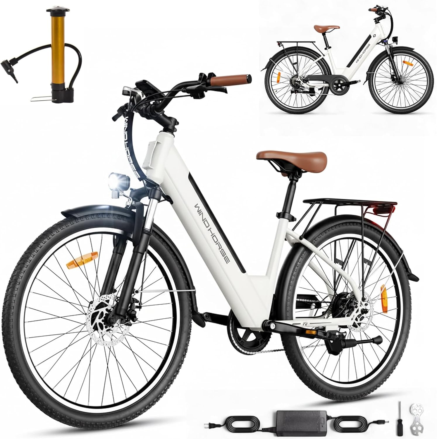 WINDHORSE F2 Electric Bike 350W Motor, 36V 13Ah Removable Battery, 32KM/H Max Speed, 40–80KM Range, 26 Inches Tires, Shimano 7-Speed, Dual Disc Brakes, Front Suspension, 3 Riding Modes