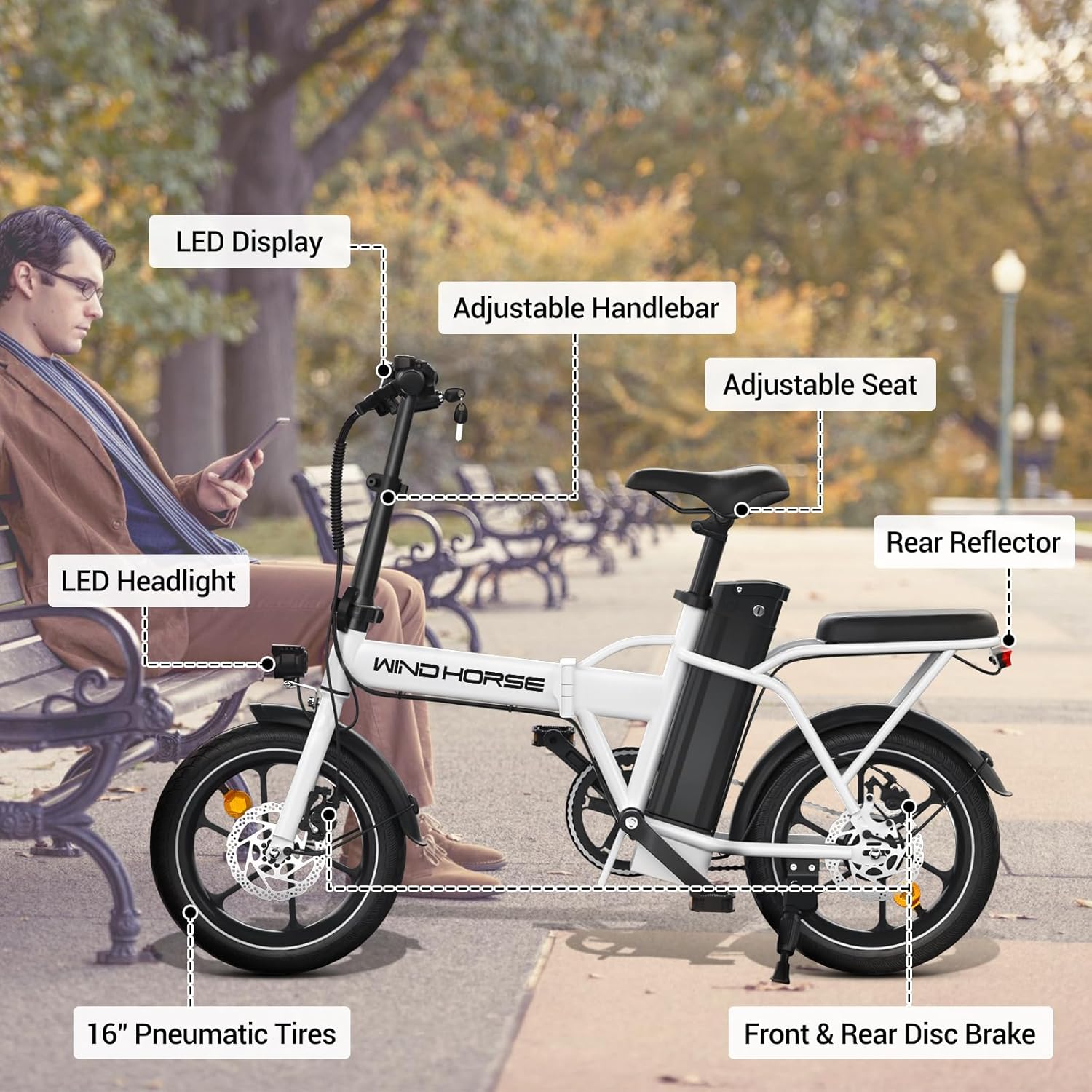 WINDHORSE W2A Folding Electric bike with 350W High Speed Motor, 36V 8AH Battery, 40 KM/H Speed, 35 KM Range, Dual Disk Brakes, Carbon Alloy Frame and 16 Inches Tires