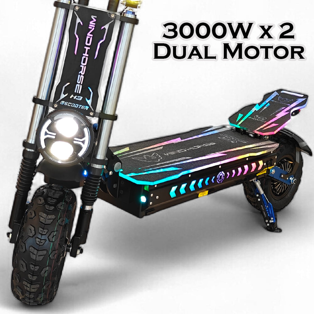 WINDHORSE H3 Powerful Electric Scooter 3000W Dual Motor  – 60V 40Ah Battery, 85 KM/H Max Speed, 120 KM Range – 13 Inches Tires, Hydraulic Brakes, Dual Suspension, 3 LED Headlights, Strong Steel Frame, Full Body RGB Lights