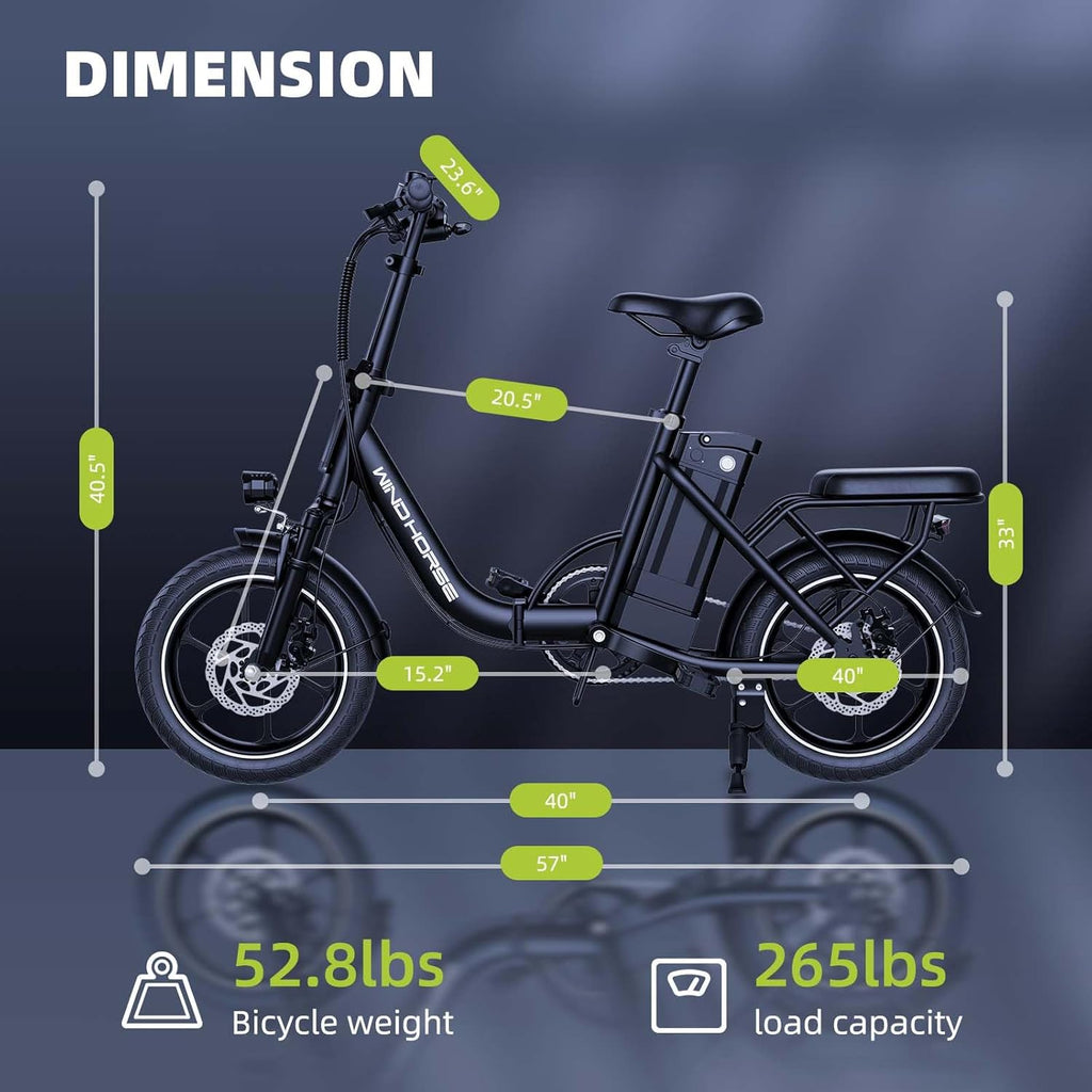 WINDHORSE W2B Folding Electric Bike with 350W High Speed Motor, 36V 8AH Battery, 40 KM/H Speed, 35 KM Range, Dual Disk Brakes, Carbon Alloy Frame and 16 Inches Tires, Front Suspension Fort, Portable Electric Bike with Dual Seat