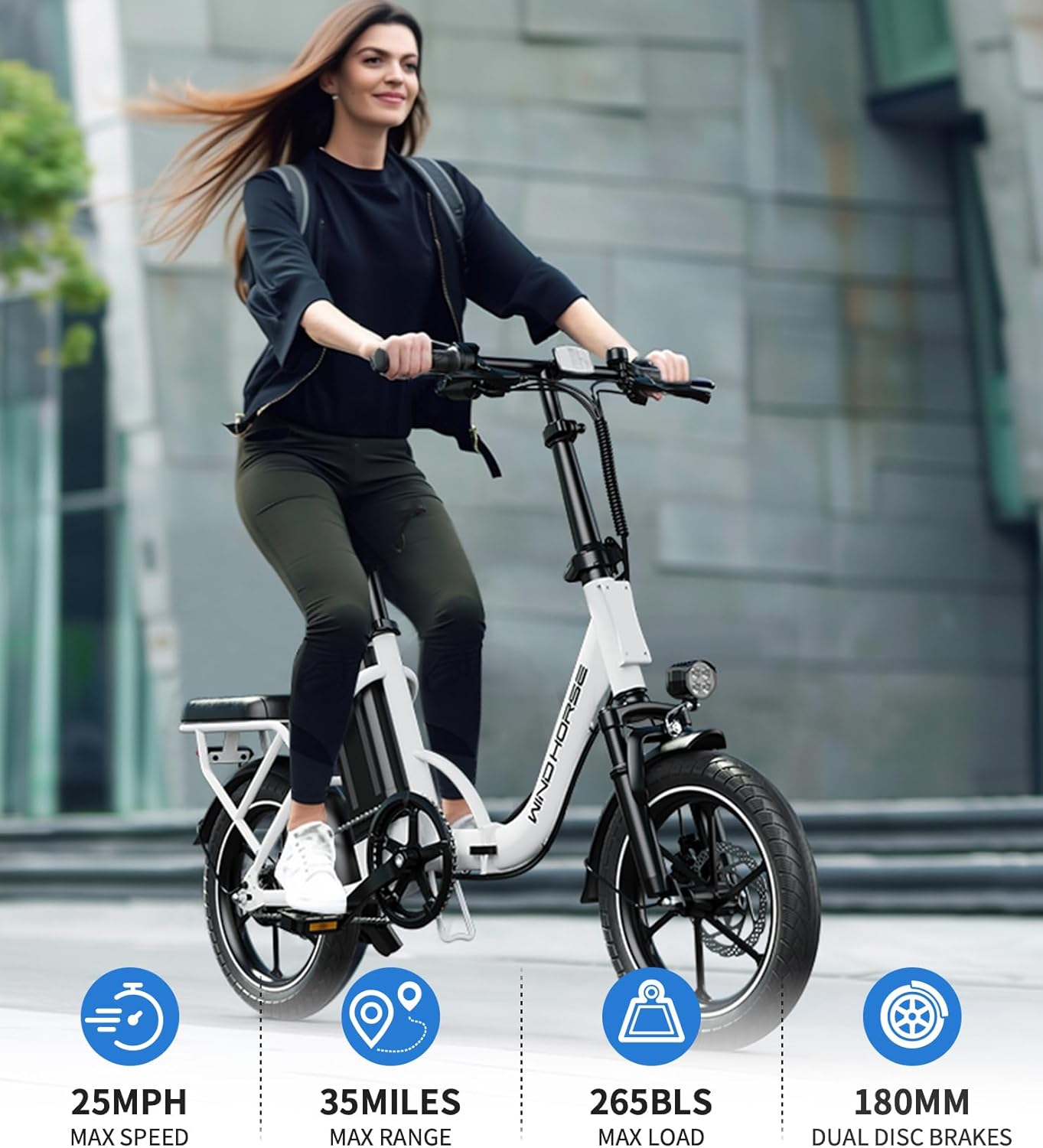 WINDHORSE W2B Folding Electric Bike with 350W High Speed Motor, 36V 8AH Battery, 40 KM/H Speed, 35 KM Range, Dual Disk Brakes, Carbon Alloy Frame and 16 Inches Tires, Front Suspension Fort, Portable Electric Bike with Dual Seat