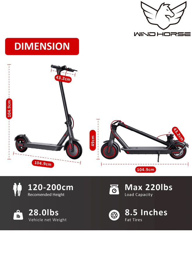 WINDHORSE T1 Electric Lightweight Folding Scooter, 350W Motor, 36V 8Ah Battery, 8.5 Inches Tires, 30KM Range, 30KM/H Speed, Digital Display and App Control, E-Scooter with Helmet and Safety Vest