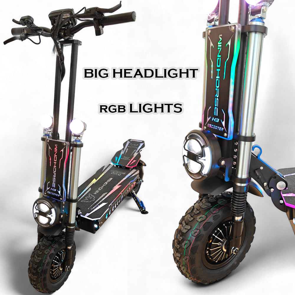 WINDHORSE H3 Powerful Electric Scooter 3000W Dual Motor  – 60V 40Ah Battery, 85 KM/H Max Speed, 120 KM Range – 13 Inches Tires, Hydraulic Brakes, Dual Suspension, 3 LED Headlights, Strong Steel Frame, Full Body RGB Lights