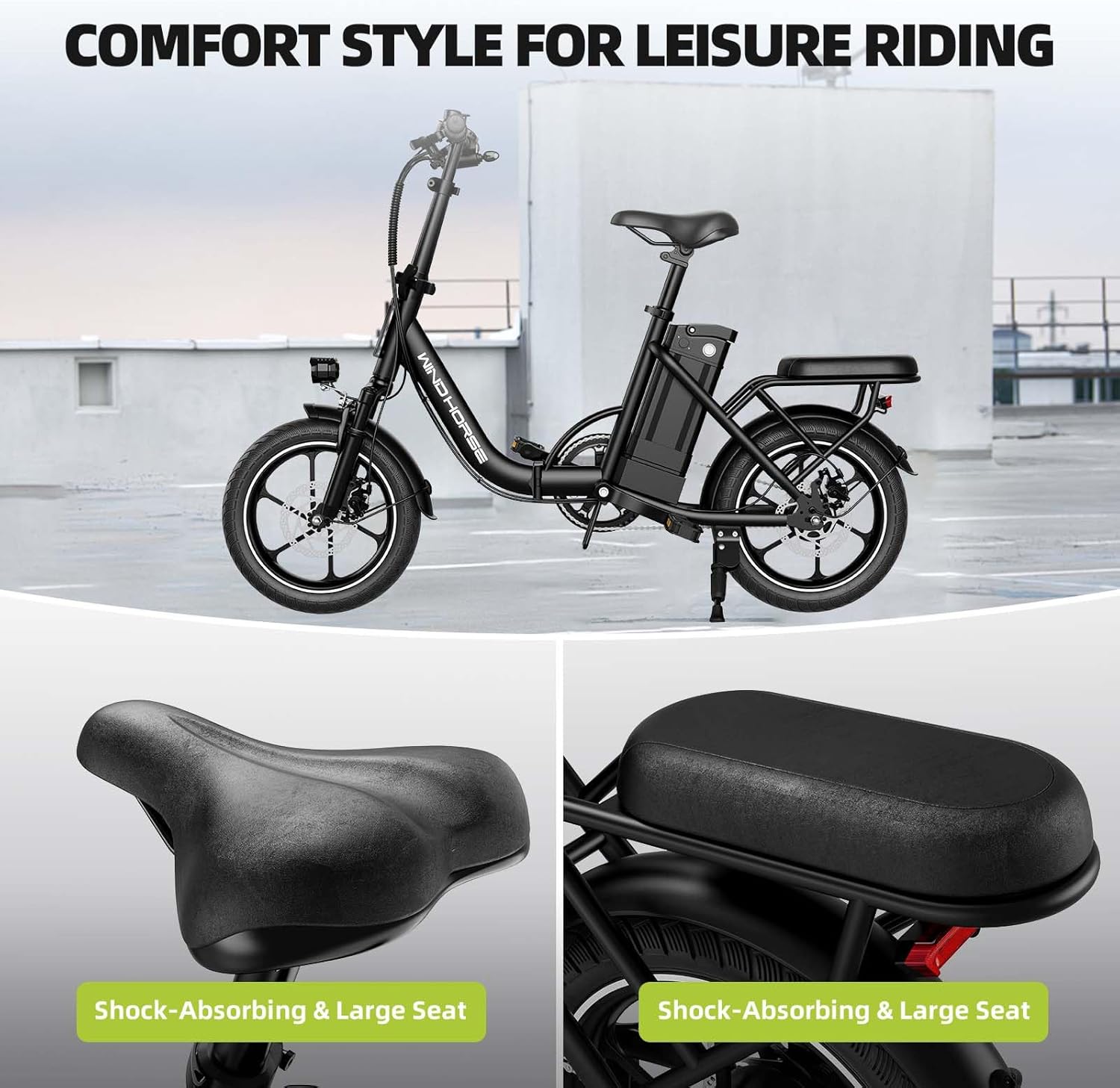 WINDHORSE W2B Folding Electric Bike with 350W High Speed Motor, 36V 8AH Battery, 40 KM/H Speed, 35 KM Range, Dual Disk Brakes, Carbon Alloy Frame and 16 Inches Tires, Front Suspension Fort, Portable Electric Bike with Dual Seat