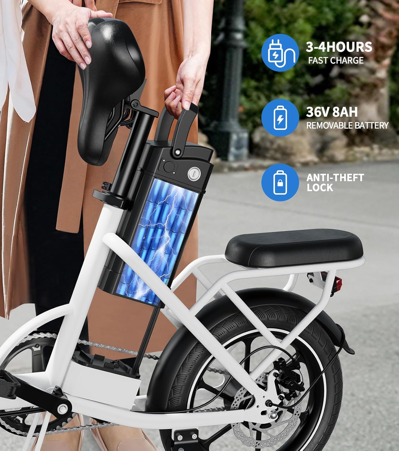 WINDHORSE W2B Folding Electric Bike with 350W High Speed Motor, 36V 8AH Battery, 40 KM/H Speed, 35 KM Range, Dual Disk Brakes, Carbon Alloy Frame and 16 Inches Tires, Front Suspension Fort, Portable Electric Bike with Dual Seat