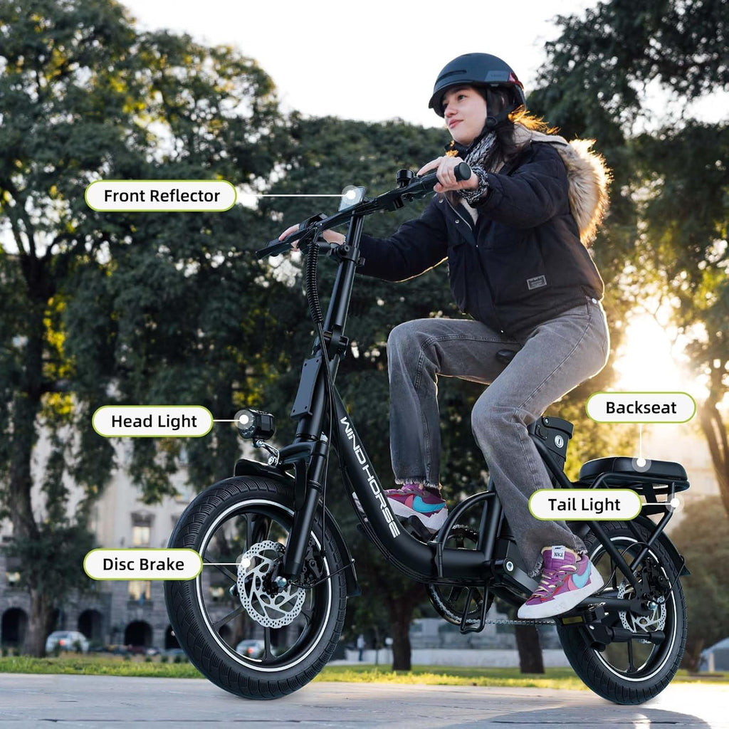 WINDHORSE W2B Folding Electric Bike with 350W High Speed Motor, 36V 8AH Battery, 40 KM/H Speed, 35 KM Range, Dual Disk Brakes, Carbon Alloy Frame and 16 Inches Tires, Front Suspension Fort, Portable Electric Bike with Dual Seat