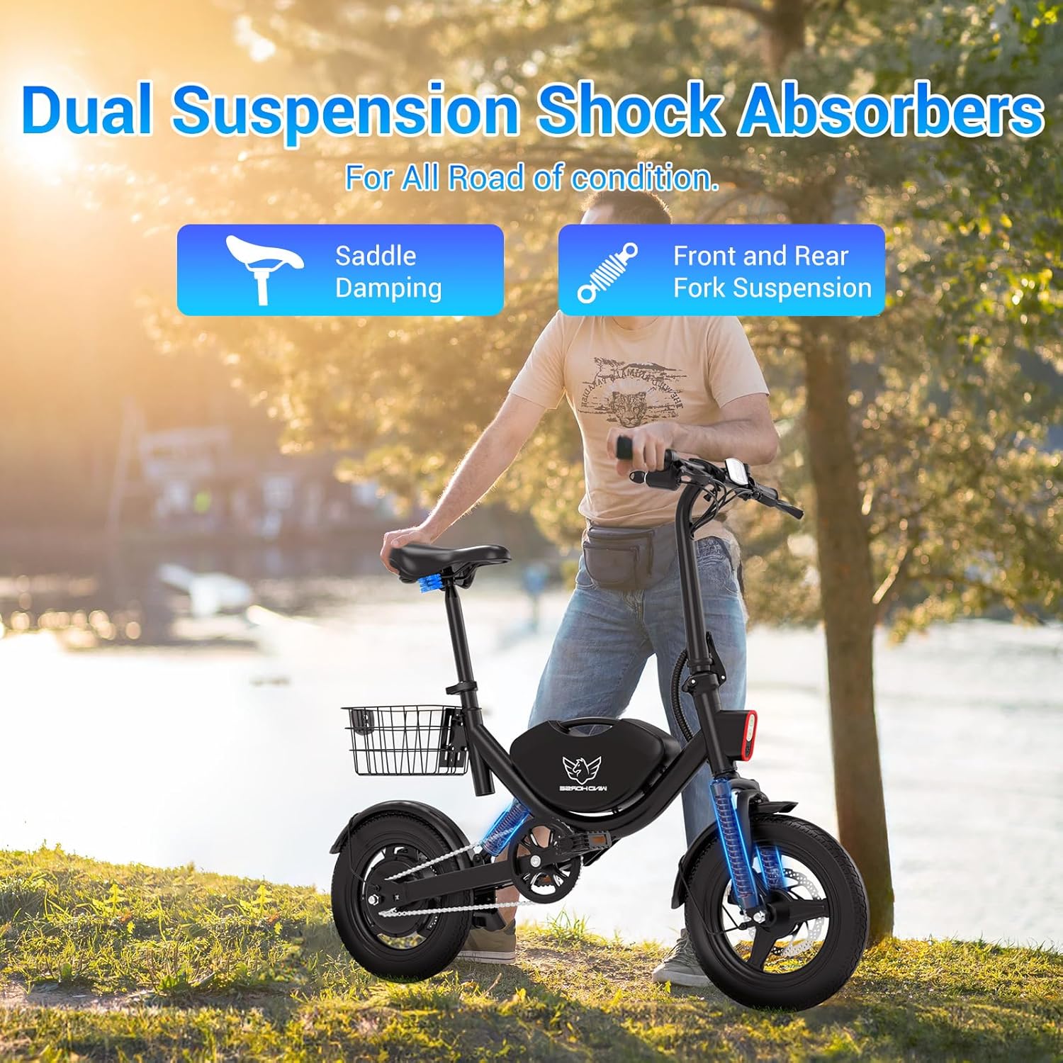WINDHORSE W3 Foldable Electric Bike for Adults 500W Brushless Hub Motor, 40 KMH Max Speed, 25-35 KM Range with 36V 8AH Battery, 14 Inches Tires with Dual Suspension and Disc Brakes, Lightweight Carbon Alloy Frame