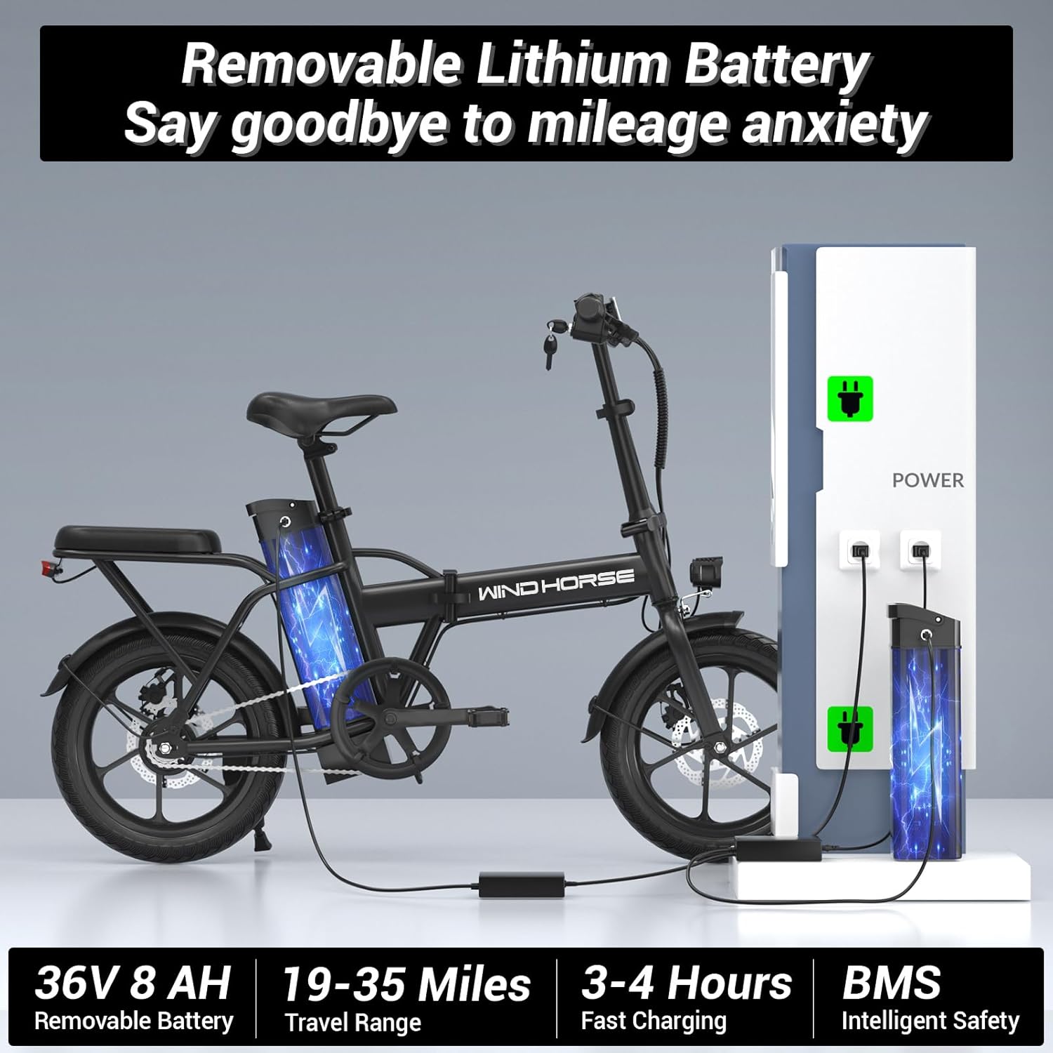 WINDHORSE W2A Folding Electric bike with 350W High Speed Motor, 36V 8AH Battery, 40 KM/H Speed, 35 KM Range, Dual Disk Brakes, Carbon Alloy Frame and 16 Inches Tires