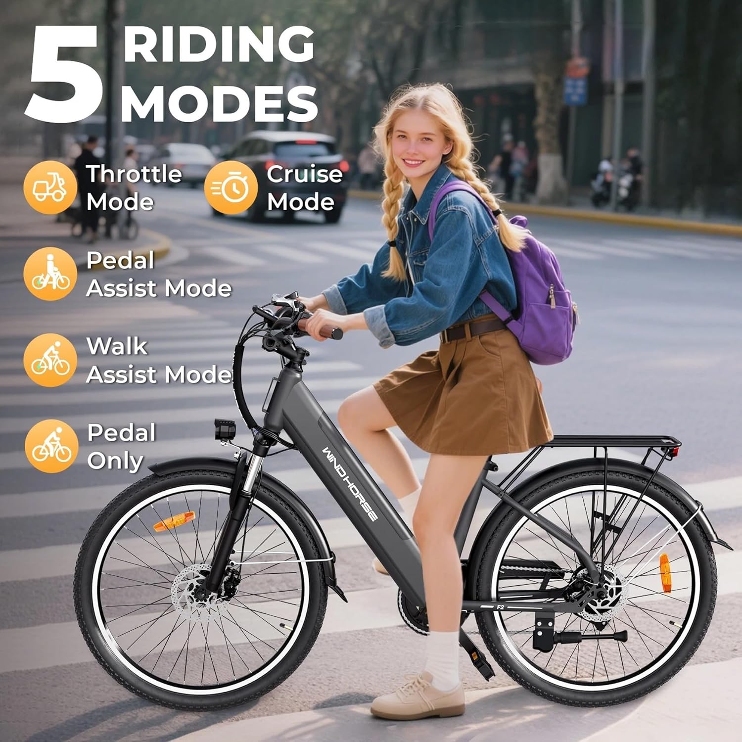 WINDHORSE F2 Electric Bike 350W Motor, 36V 13Ah Removable Battery, 32KM/H Max Speed, 40–80KM Range, 26 Inches Tires, Shimano 7-Speed, Dual Disc Brakes, Front Suspension, 3 Riding Modes