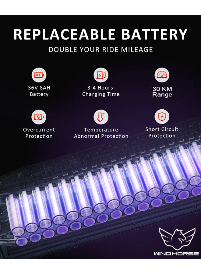 WINDHORSE T1 Electric Lightweight Folding Scooter, 350W Motor, 36V 8Ah Battery, 8.5 Inches Tires, 30KM Range, 30KM/H Speed, Digital Display and App Control, E-Scooter with Helmet and Safety Vest