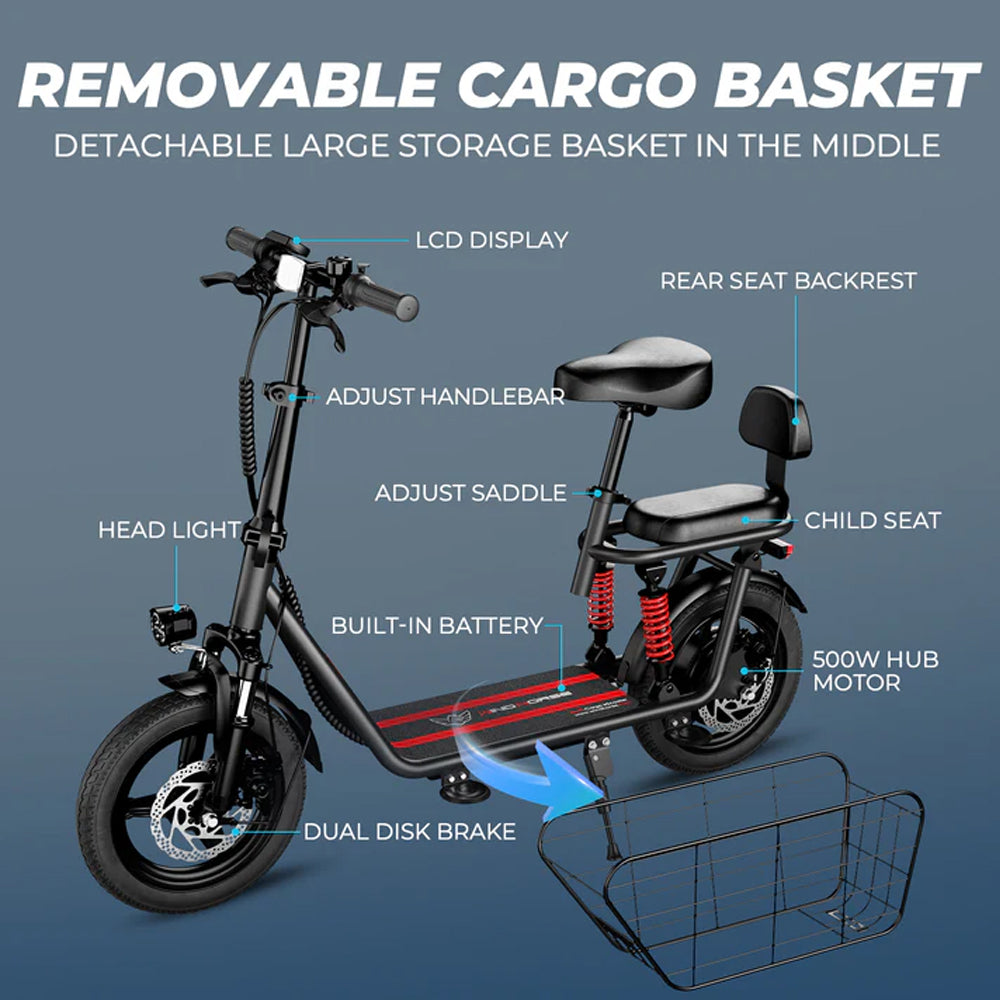 WINDHORSE C3 Electric Scooter 850W Motor with Dual Seat, 48V10Ah Battery, 50KM/H Speed, 40KM Range, Dual Suspension and Storage Basket, E-Scooter