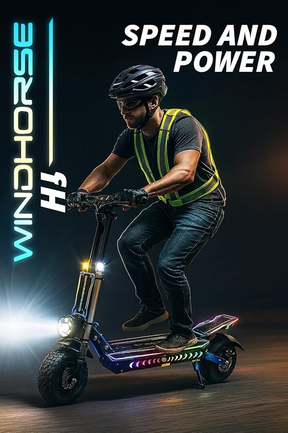 WINDHORSE H3 Powerful Electric Scooter 3000W Dual Motor  – 60V 40Ah Battery, 85 KM/H Max Speed, 120 KM Range – 13 Inches Tires, Hydraulic Brakes, Dual Suspension, 3 LED Headlights, Strong Steel Frame, Full Body RGB Lights