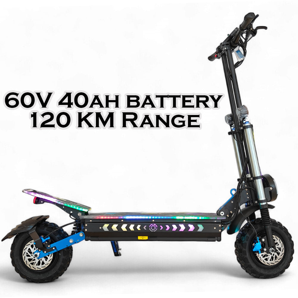 WINDHORSE H3 Powerful Electric Scooter 3000W Dual Motor  – 60V 40Ah Battery, 85 KM/H Max Speed, 120 KM Range – 13 Inches Tires, Hydraulic Brakes, Dual Suspension, 3 LED Headlights, Strong Steel Frame, Full Body RGB Lights