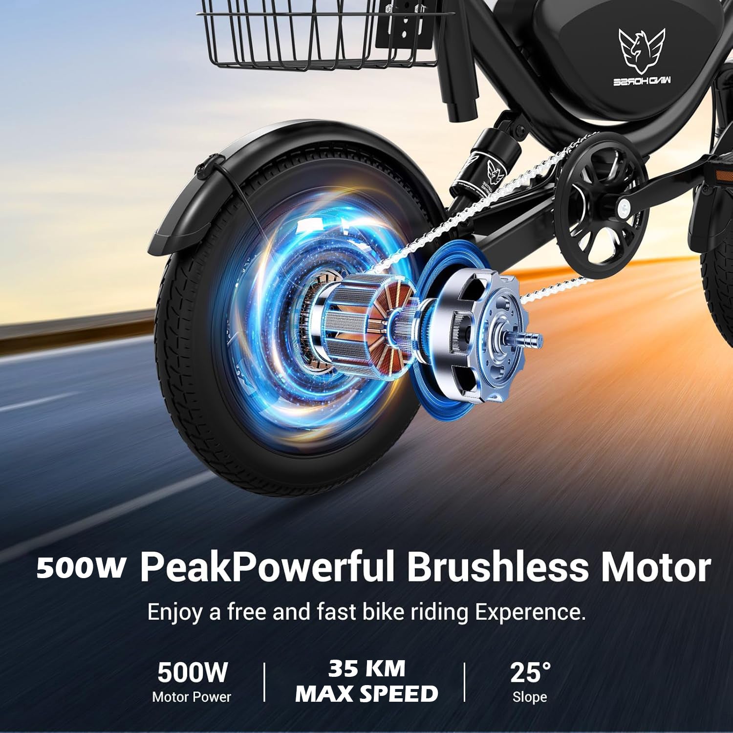 WINDHORSE W3 Foldable Electric Bike for Adults 500W Brushless Hub Motor, 40 KMH Max Speed, 25-35 KM Range with 36V 8AH Battery, 14 Inches Tires with Dual Suspension and Disc Brakes, Lightweight Carbon Alloy Frame