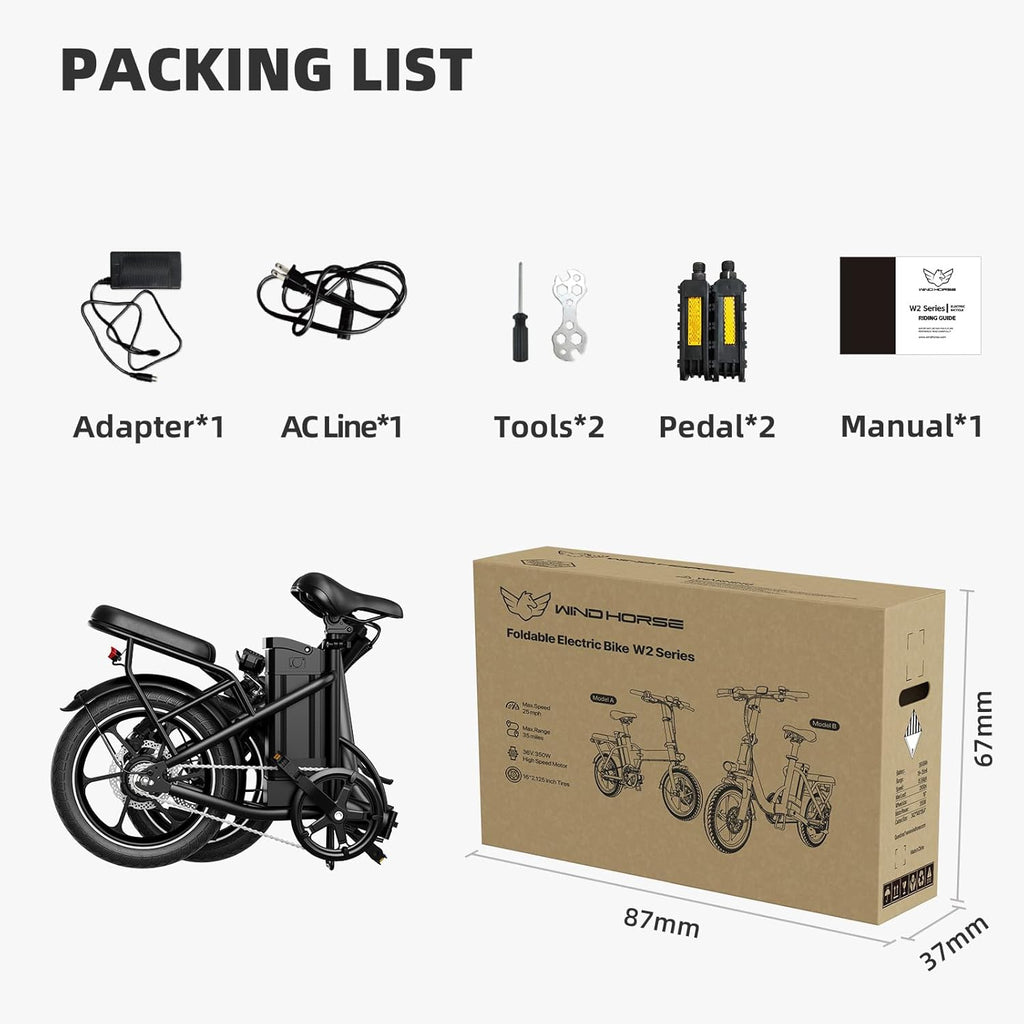WINDHORSE W2B Folding Electric Bike with 350W High Speed Motor, 36V 8AH Battery, 40 KM/H Speed, 35 KM Range, Dual Disk Brakes, Carbon Alloy Frame and 16 Inches Tires, Front Suspension Fort, Portable Electric Bike with Dual Seat