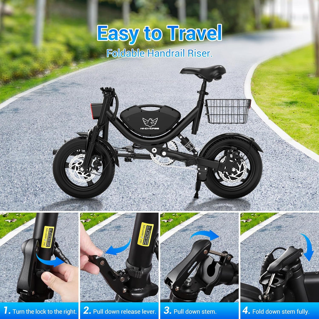 WINDHORSE W3 Foldable Electric Bike for Adults 500W Brushless Hub Motor, 40 KMH Max Speed, 25-35 KM Range with 36V 8AH Battery, 14 Inches Tires with Dual Suspension and Disc Brakes, Lightweight Carbon Alloy Frame
