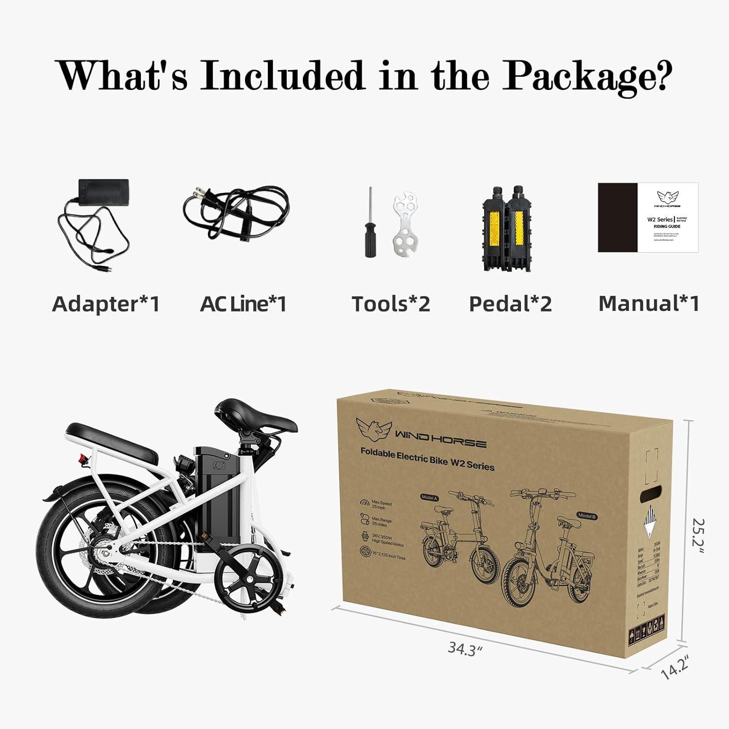 WINDHORSE W2B Folding Electric Bike with 350W High Speed Motor, 36V 8AH Battery, 40 KM/H Speed, 35 KM Range, Dual Disk Brakes, Carbon Alloy Frame and 16 Inches Tires, Front Suspension Fort, Portable Electric Bike with Dual Seat