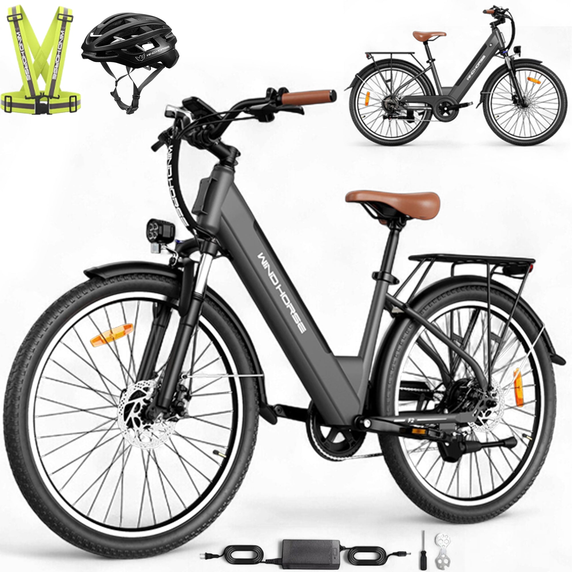WINDHORSE F2 Electric Bike 350W Motor, 36V 13Ah Removable Battery, 32KM/H Max Speed, 40–80KM Range, 26 Inches Tires, Shimano 7-Speed, Dual Disc Brakes, Front Suspension, 3 Riding Modes