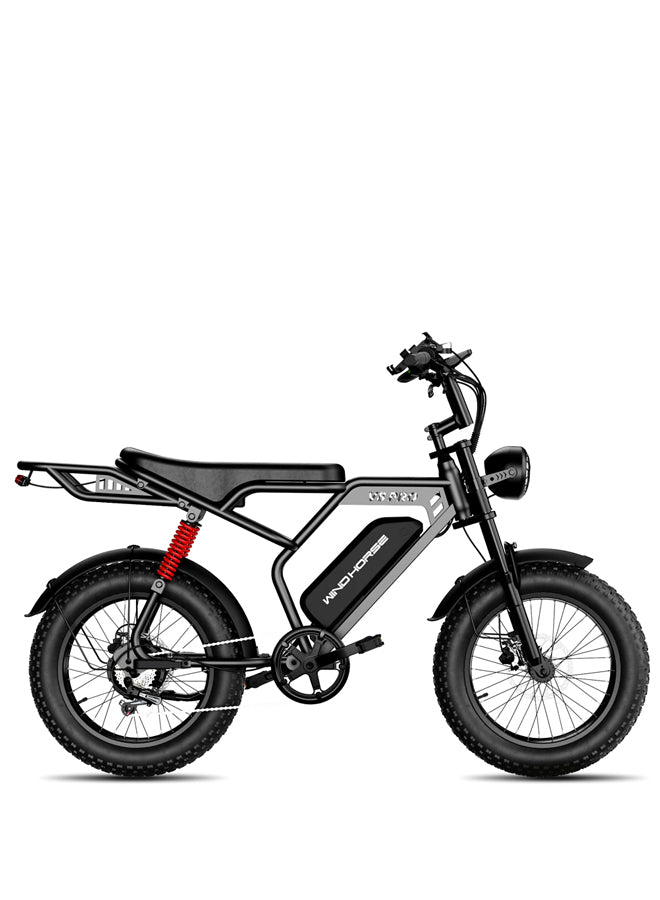 WINDHORSE V8 PRO Electric Bike – 750W Gear Hub Motor, 48V 16.6AH Battery, 50KM/H Speed, 45KM Range, 20-Inch Fat Tires, Dual Suspension, Shimano 7-Speed, Carbon Alloy Frame, Dual Disc Brakes
