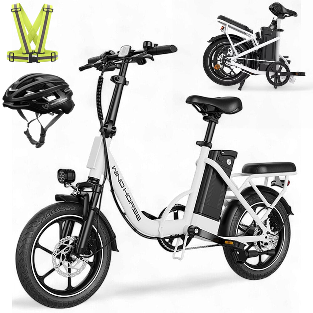 WINDHORSE W2B Folding Electric Bike with 350W High Speed Motor, 36V 8AH Battery, 40 KM/H Speed, 35 KM Range, Dual Disk Brakes, Carbon Alloy Frame and 16 Inches Tires, Front Suspension Fort, Portable Electric Bike with Dual Seat