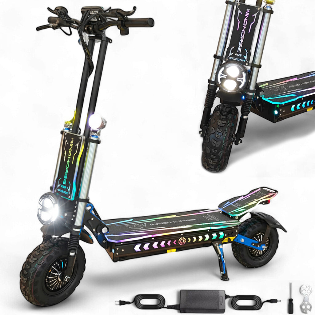 WINDHORSE H3 Powerful Electric Scooter 3000W Dual Motor  – 60V 40Ah Battery, 85 KM/H Max Speed, 120 KM Range – 13 Inches Tires, Hydraulic Brakes, Dual Suspension, 3 LED Headlights, Strong Steel Frame, Full Body RGB Lights