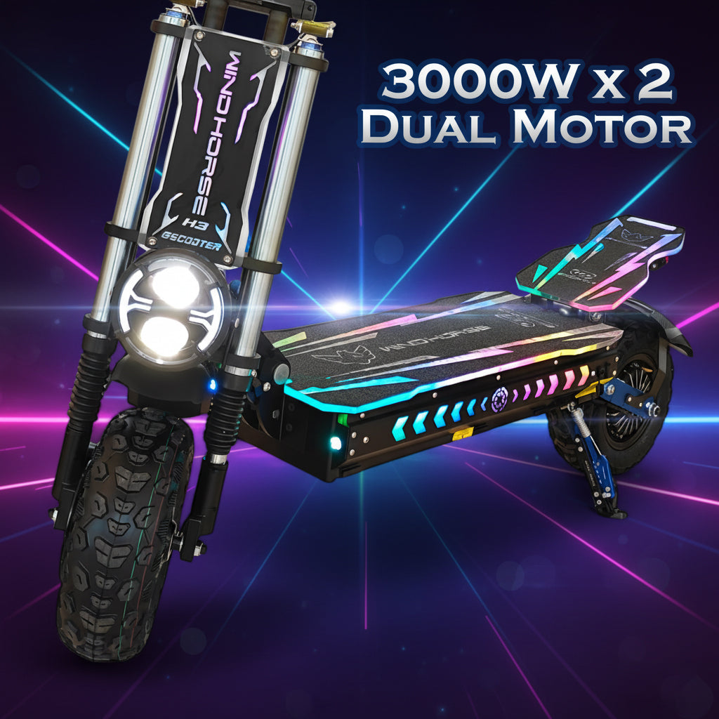 WINDHORSE H3 Powerful Electric Scooter 3000W Dual Motor  – 60V 40Ah Battery, 85 KM/H Max Speed, 120 KM Range – 13 Inches Tires, Hydraulic Brakes, Dual Suspension, 3 LED Headlights, Strong Steel Frame, Full Body RGB Lights