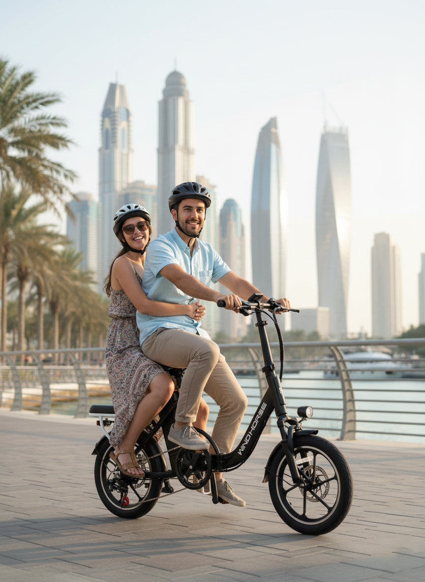 WINDHORSE W2B Folding Electric Bike with 350W High Speed Motor, 36V 8AH Battery, 40 KM/H Speed, 35 KM Range, Dual Disk Brakes, Carbon Alloy Frame and 16 Inches Tires, Front Suspension Fort, Portable Electric Bike with Dual Seat