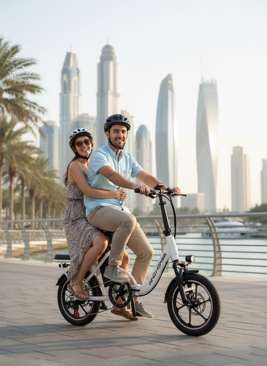 WINDHORSE W2B Folding Electric Bike with 350W High Speed Motor, 36V 8AH Battery, 40 KM/H Speed, 35 KM Range, Dual Disk Brakes, Carbon Alloy Frame and 16 Inches Tires, Front Suspension Fort, Portable Electric Bike with Dual Seat